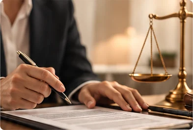 Advogado assinando documentos ao lado de uma balança da justiça