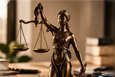Estátua da Justiça sobre a mesa do escritório