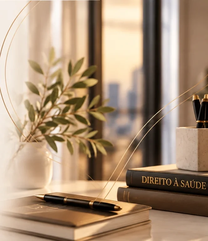 Mesa de trabalho com livros de Direito à Saúde
