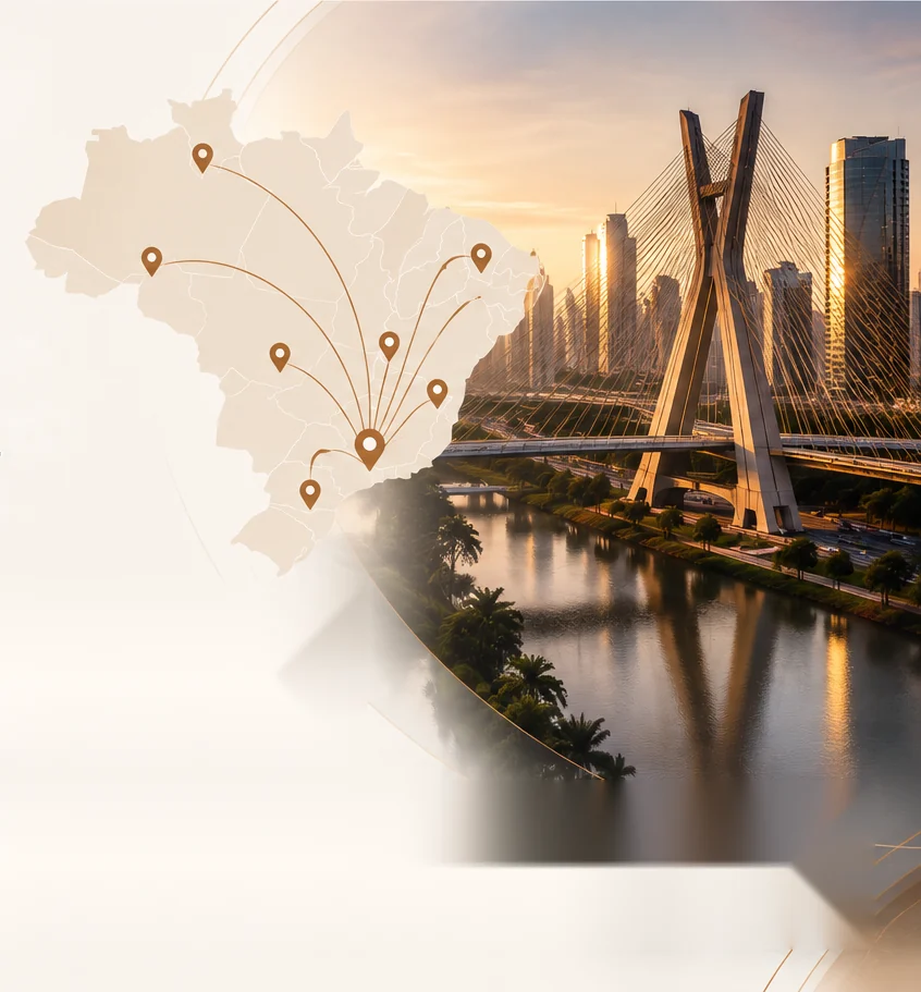 Mapa do Brasil com o escritório em São Paulo e a Ponte Estaiada